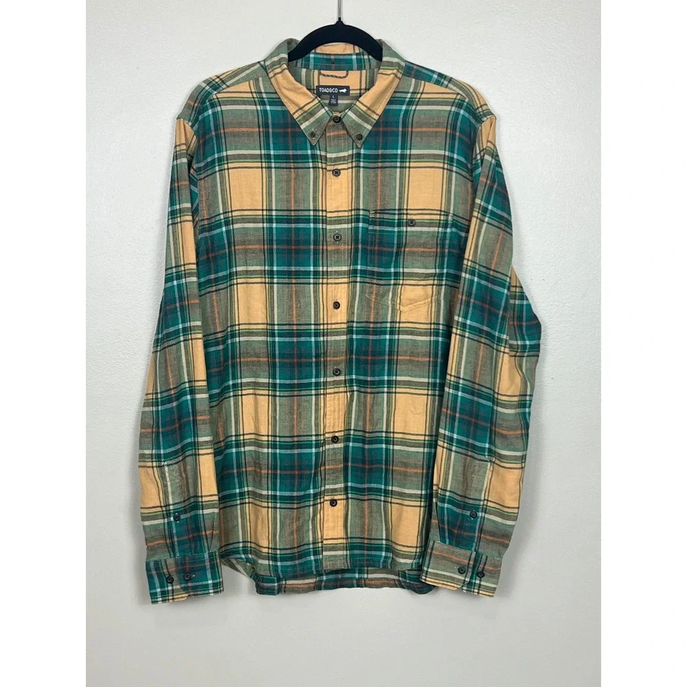 Toad&Co Mens Large Plaid Flannel Shirt Yellow Green Recycled Cotton Blend L/S